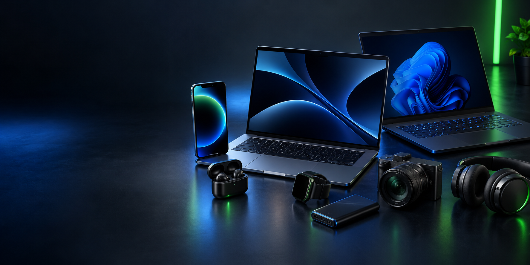 Phones, laptops and consumer electronics arranged on a dark premium studio surface